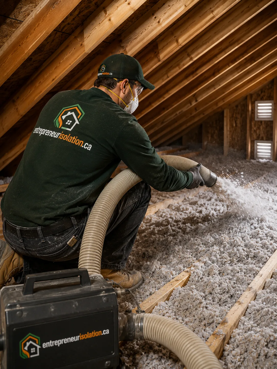 Soufflage de cellulose dans l'entretoit d'une résidence