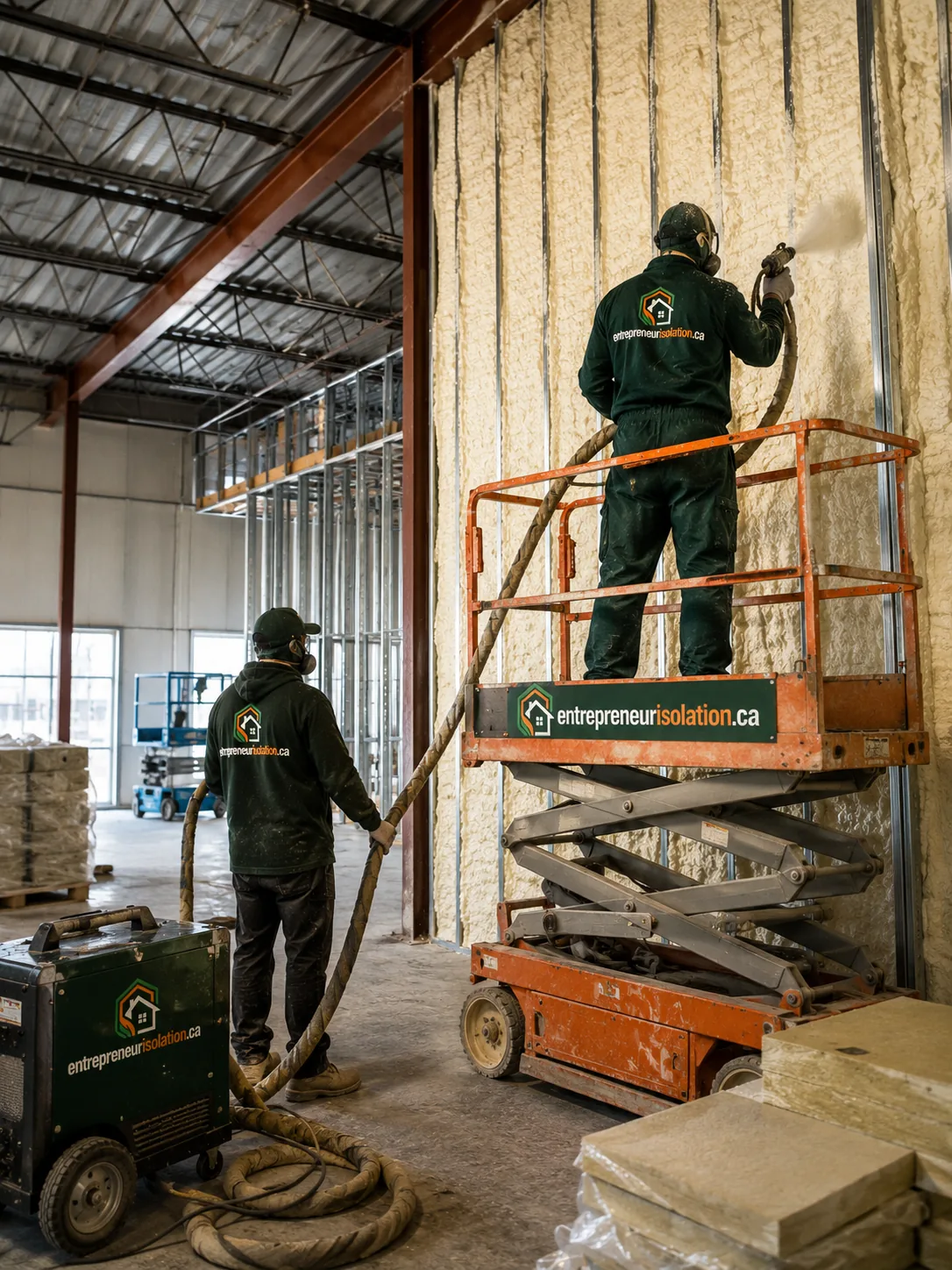 Application d'uréthane giclé sur un mur de bâtiment commercial